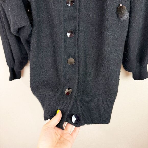 Vintage Rockabilly Retro Black Wool Fur Sweater Cardigan Beaded Size Large - Picture 7 of 9
